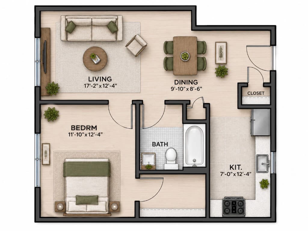 One bedroom floor plan at Academy Hill Apartments